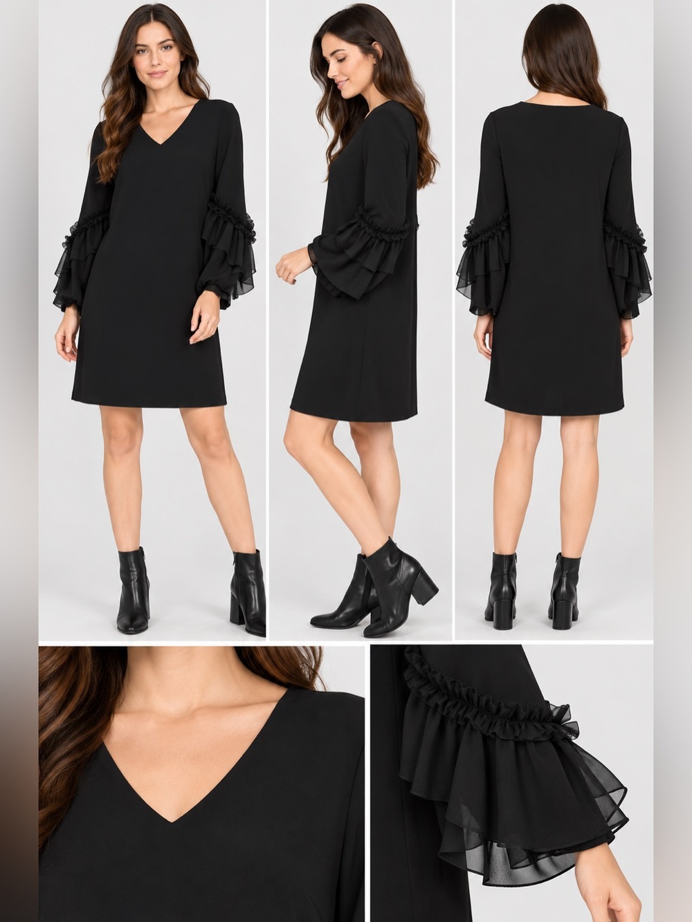 NWT FLAW Alfani Size 6 Black Ruffle Bell Sleeve V-Neck Shift Dress Boho Party